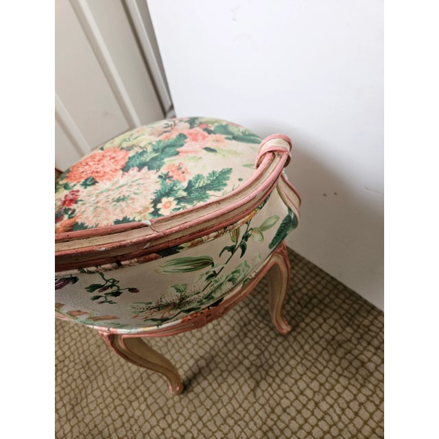 Vintage French Style Vanity Swivel Chair With Chintz Upholstery and Painted Coral and Ivory Frame For Sale - Image 4 of 5