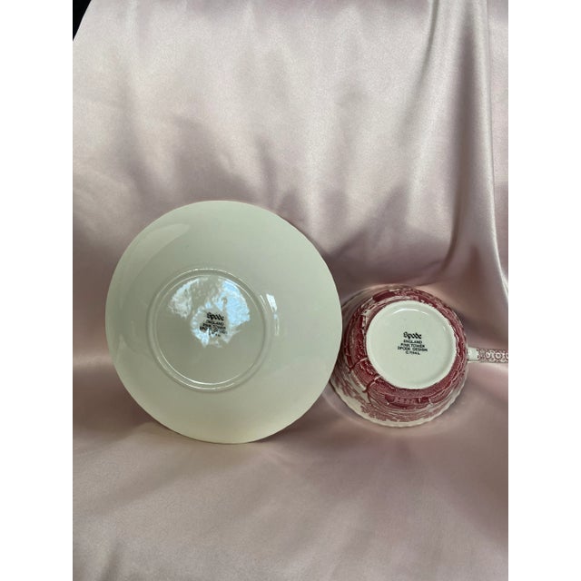 Final Markdown. Rare Find; Spode “Pink Tower” Design English Transferware Tea Cup & Saucer Set for 4(8 Pcs)Charming Ring Shaped Handles on Tea Cups. For Sale - Image 12 of 12