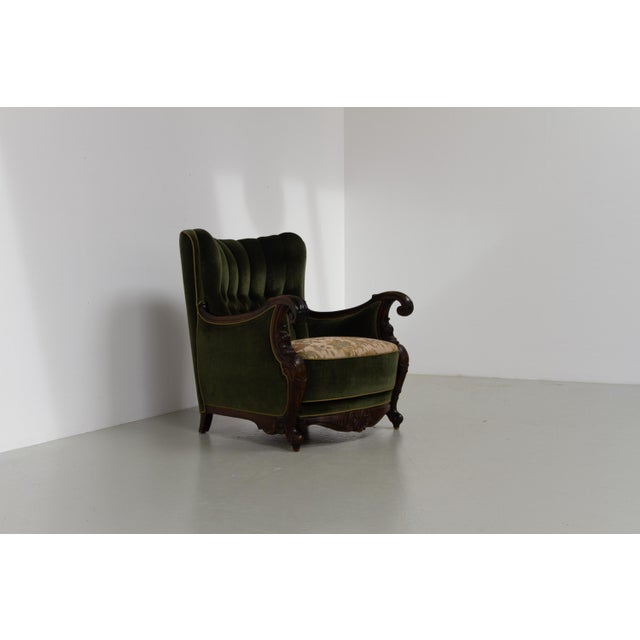 Danish Carved Lounge Chair in Green Velvet, 1920s For Sale - Image 13 of 18