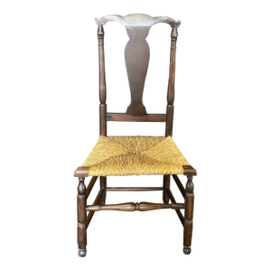 19th Century Early American Queen Anne Chair With Rush Seat and Hand Turned Legs and Stretcher