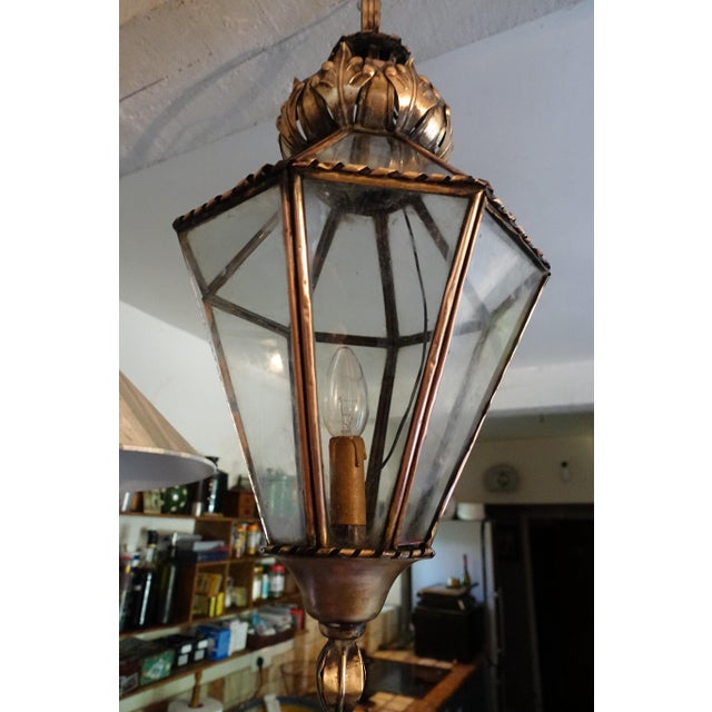 Beautiful antique brass and glass lantern Lovely patina Good overall condition Formerly electrified (1 bulb) One glass...