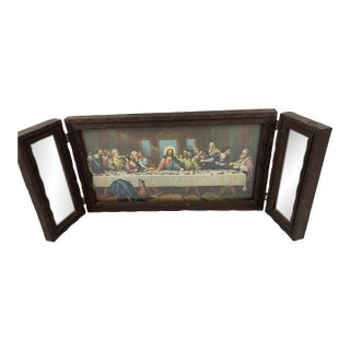 VTG Brunozetti Last Supper Trifold Wood Mirror Frame Art Religious Picture For Sale