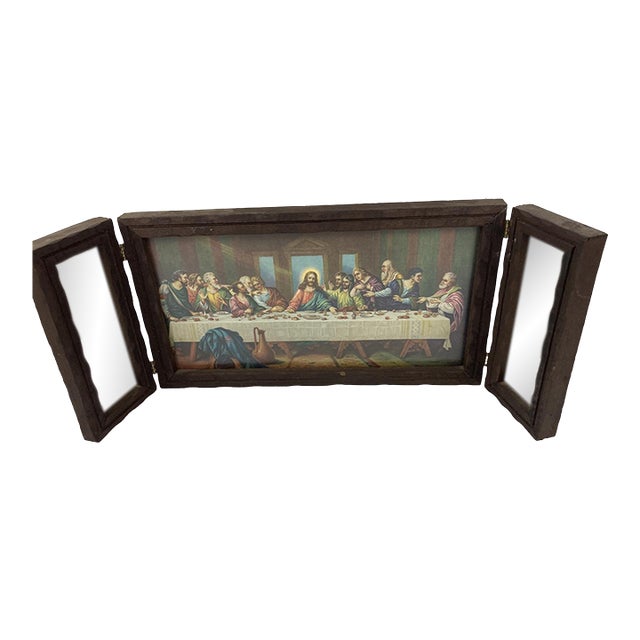 VTG Brunozetti Last Supper Trifold Wood Mirror Frame Art Religious Picture For Sale