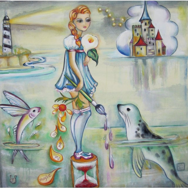 The artwork features a whimsical scene where a young girl stands poised with a flower, embodying a sense of innocence and...