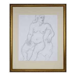 Vintage Modernist Female Nude Figure Study Pencil Drawing
