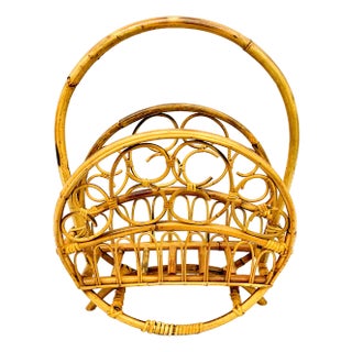 Italian Bamboo & Rattan Round Magazine Rack, 1970s For Sale