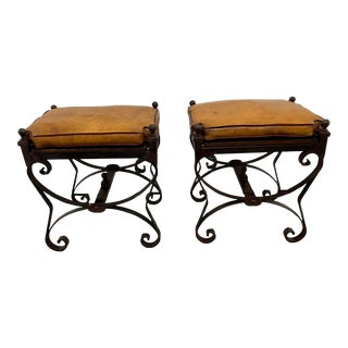 Mid 20th Century Neoclassical-Style Wrought Iron and Leather Bench Set For Sale