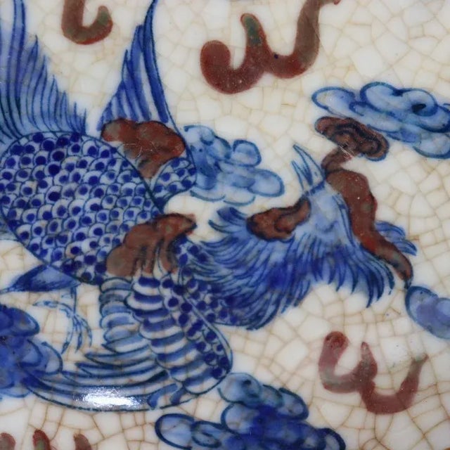 Chinese Vintage Ceramic Plate,Qing Dynasty Kangxi Marked Blue and White Famille Verte Porcelain Plate Hand Painted DragonPhoenix Pattern For Sale In Seattle - Image 6 of 6