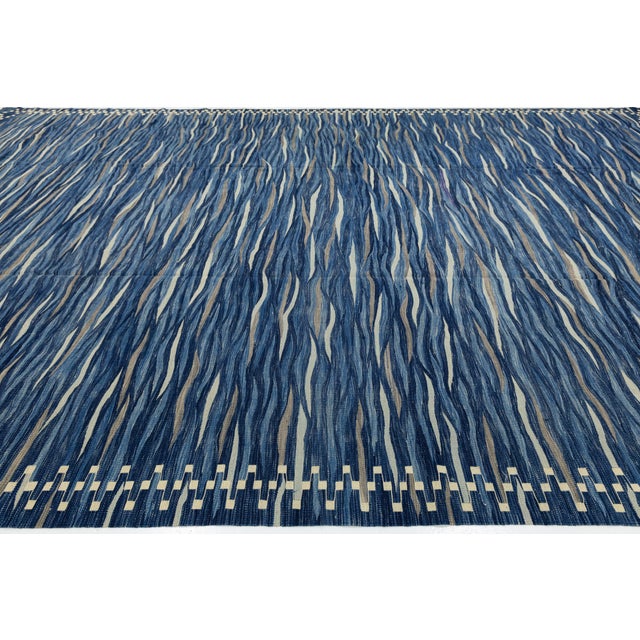 2020s Contemporary Handmade Oceanic Blue Wave Kilim Wool Area Rug Luxury Flat-Weave For Sale - Image 5 of 12