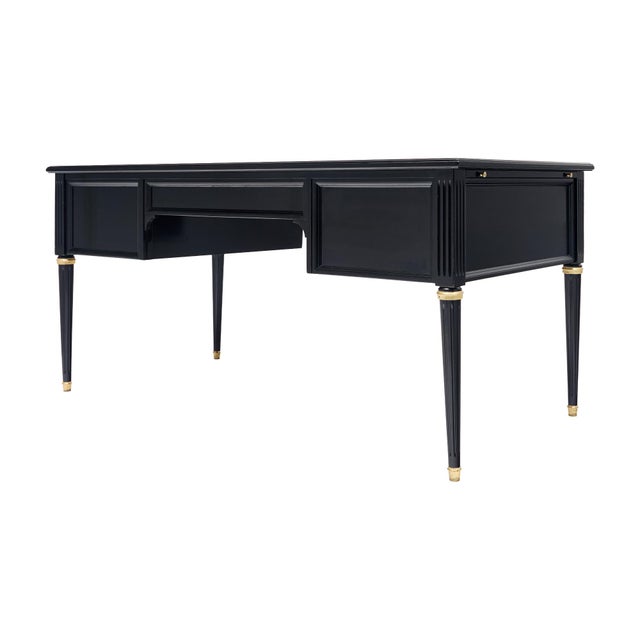 Black Classic, French Louis XVI Writing Desk, Ebonized Mahogany, Leather For Sale - Image 8 of 9