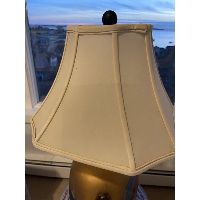 Early 20th Century Brass Reverse Painted Asian Sail Junk Ship Boat Wave Theme Lamp For Sale - Image 9 of 12