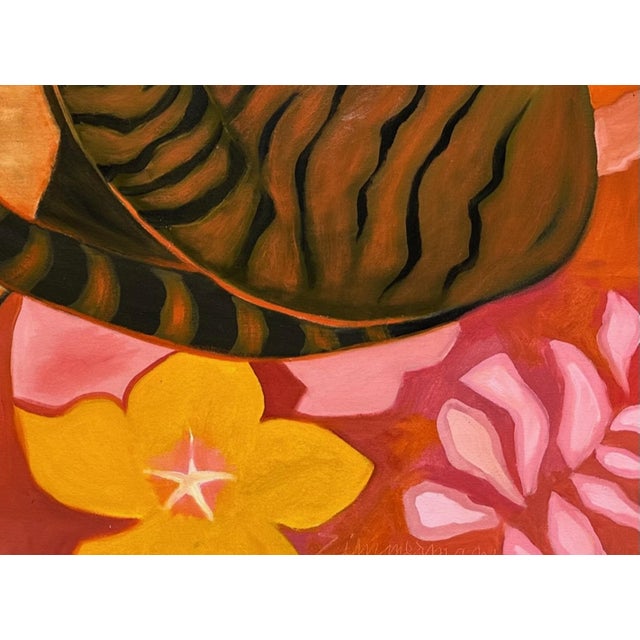 Marc Zimmerman "Tom" Oil Painting, Sleeping Tabby Cat, Blazing Red and Pink Floral Background, Vivid Palette, Contemporary Art West Coast For Sale - Image 4 of 7