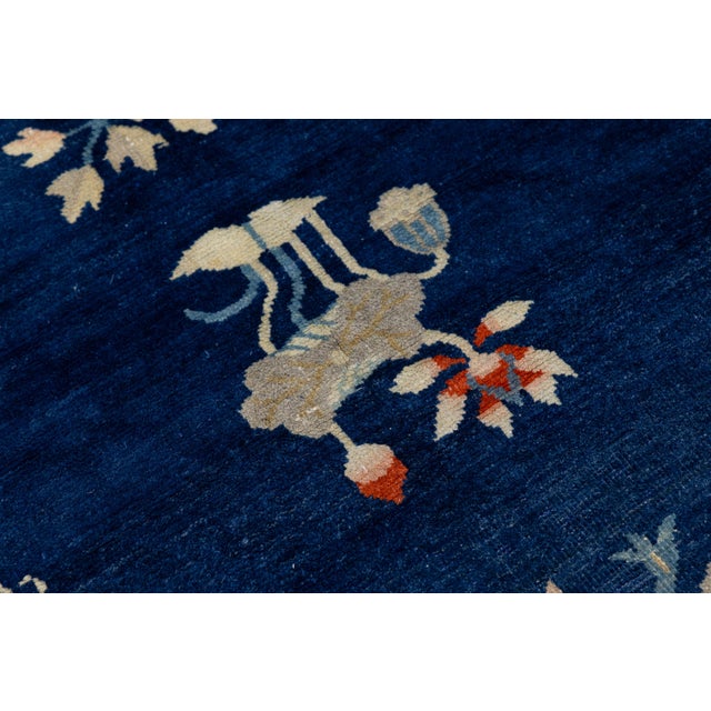 Blue Antique Chinese Wool Rug – Blue Field, Floral Medallion, Early 20th Century For Sale - Image 8 of 11