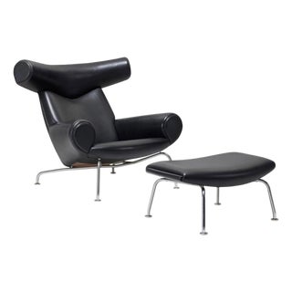 Hans Wegner Ox Chair Ottoman in Black Leather by Erik Jorgensen ex Will Ferrell For Sale
