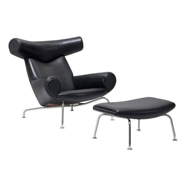 Hans Wegner Ox Chair Ottoman in Black Leather by Erik Jorgensen ex Will Ferrell For Sale