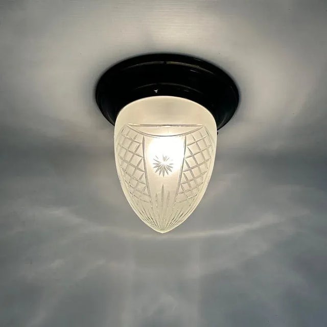 1930s Large Art Deco Ceiling Lamp with Brass Base and Cut Glass, 1930s For Sale - Image 5 of 11