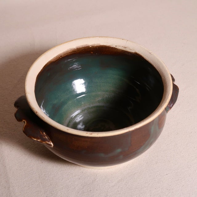 Mid-Century Modern Vintage Signed Wabi Sabi Studio Pottery Stoneware Bowl With Sculptural Handles in a Earthy Brown & Green Glaze For Sale - Image 3 of 10