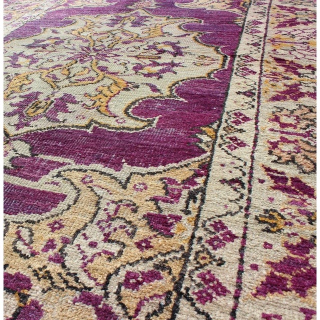 Purple Background Vintage Turkish Oushak Rug With Floral Medallion Design For Sale In Atlanta - Image 6 of 7