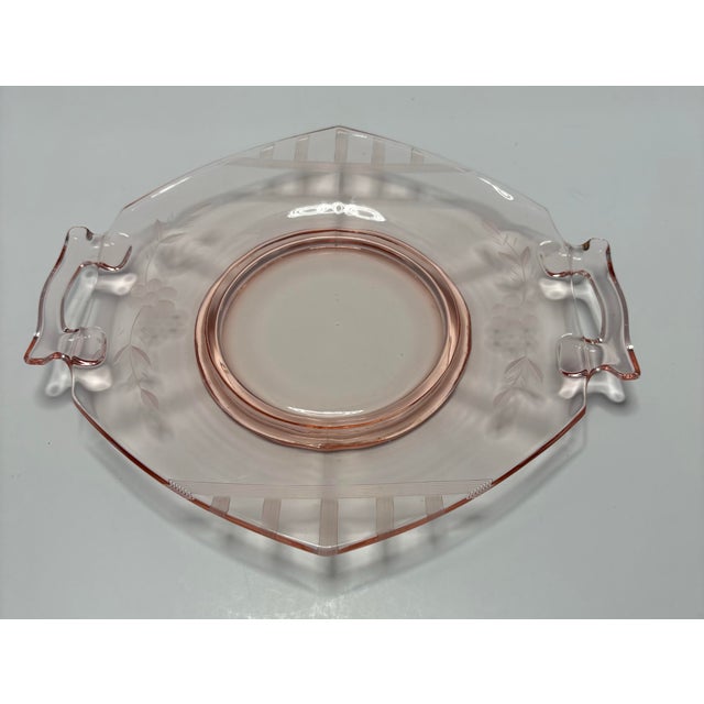 Blush Early 20th Century Art Deco Blush Pink Etched Glass Handled Bowl With Fitted Underplate For Sale - Image 8 of 9
