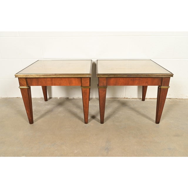 Brown Baker Furniture French Regency Louis XVI Cherry, Burl Wood, and Brass Side Tables, Pair For Sale - Image 8 of 10