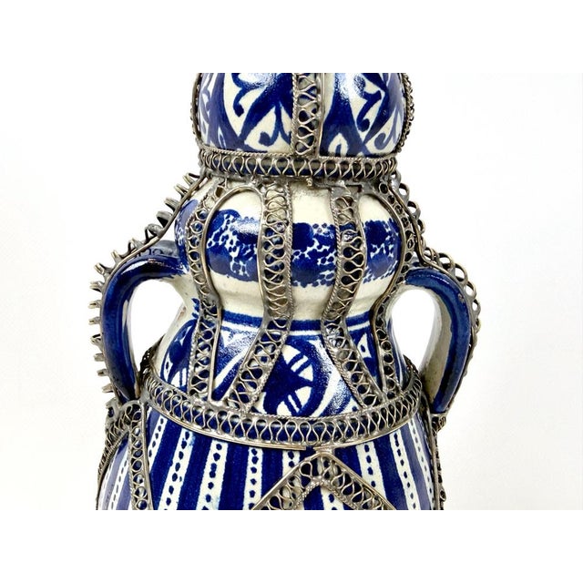 Mid-Century Modern Mid-Century Moroccan Hand Painted Cobalt Ceramic Decanter with Wire Filigree Detailing, 1950s For Sale - Image 3 of 14