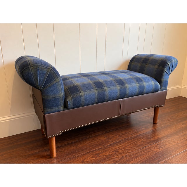 Brand new upholstery • Never used A one-of-a-kind English-inspired plaid storage bench featuring classic rolled arms, rich...