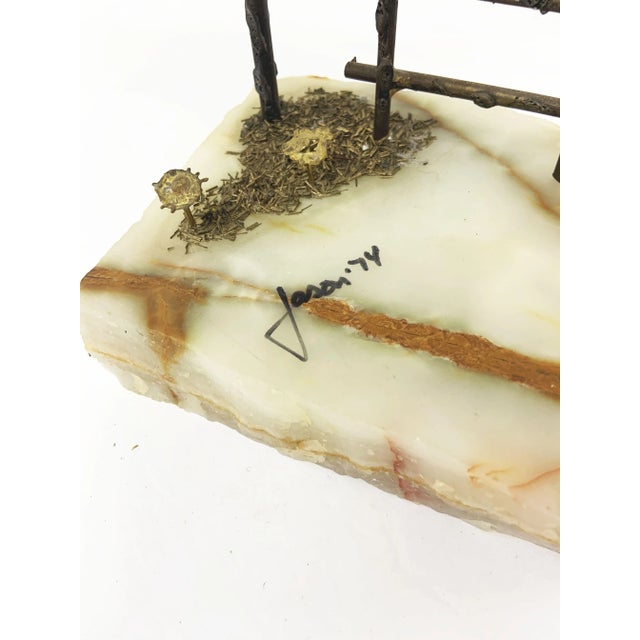 1970s 1970's Brutalist Metal and Marble Sculpture Tree Bird on Fence Jason 74 For Sale - Image 5 of 9