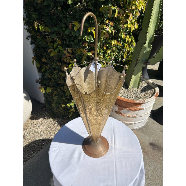 Vintage Embossed Brass Umbrella Stand With Hook Handle For Sale - Image 12 of 16
