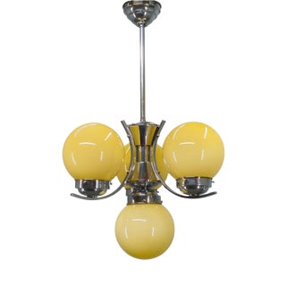 Art Deco Chrome and Opaline Glass Chandelier, Czechoslovakia, 1930s For Sale