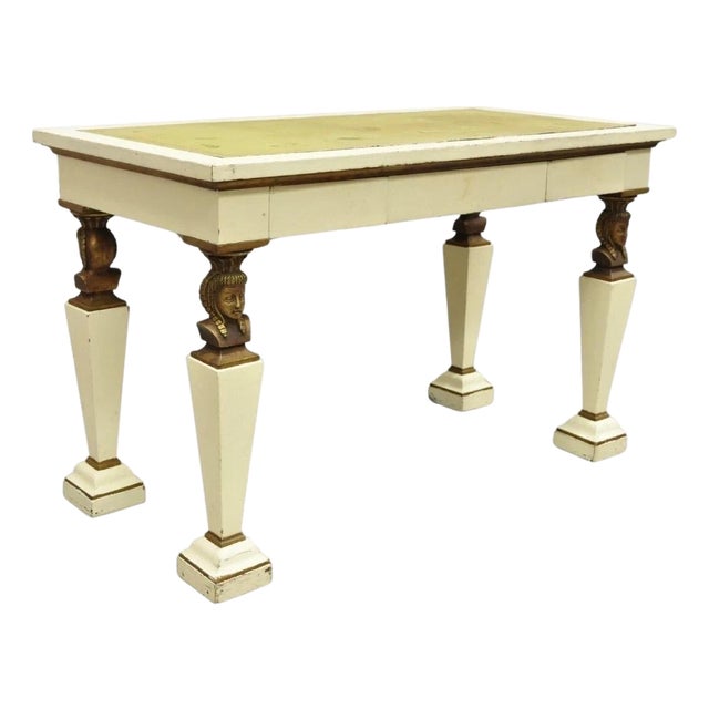 Antique Egyptian Revival Empire Style Leather Top Figural 3 Drawer Console Desk For Sale