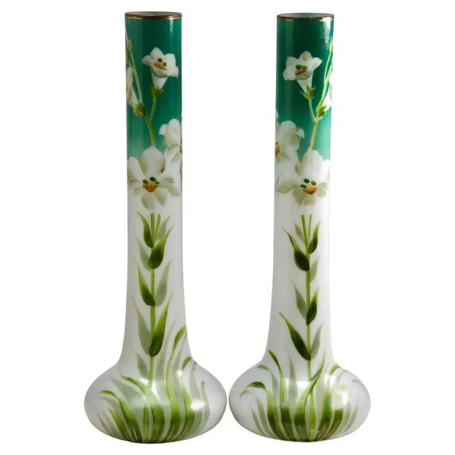 Art Nouveau Hand-Painted Opaline Glass Vases, France, 1920s, Set of 2 For Sale - Image 10 of 10