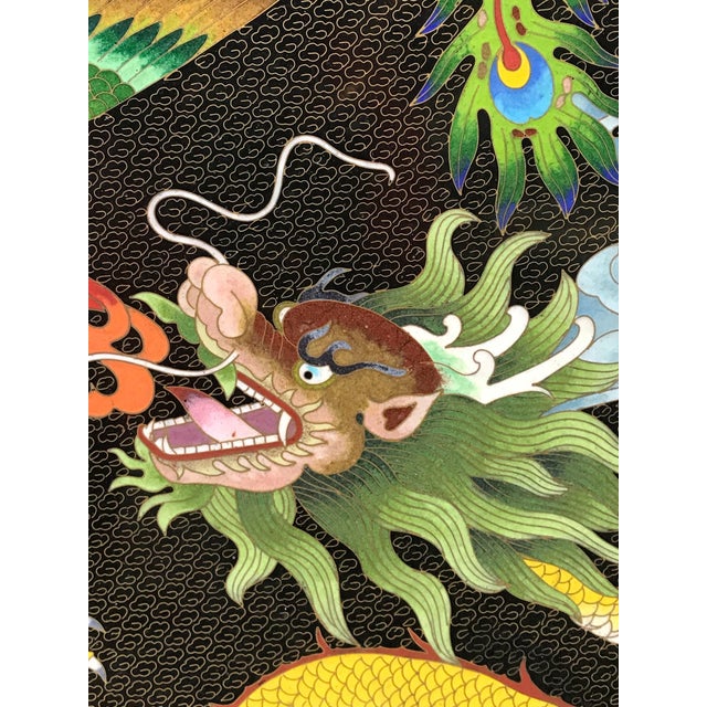 Chinese Extra Large Decorative Asian Cloisonné Dragon and Phoenix Plate With Wood Stand For Sale - Image 3 of 9