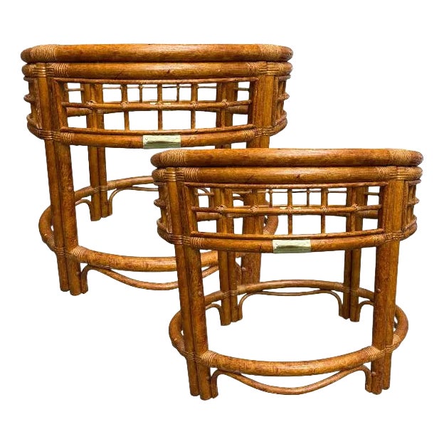 Mid 20th Century Pair Oval Rattan & Glass Side Tables Clover Tiki Bamboo Hollywood Regency For Sale