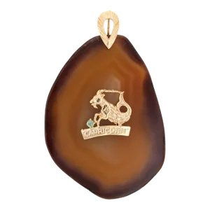 Late 20th Century Vintage Capricorn Agate Pendant 14k Yellow Gold Large Zodiac