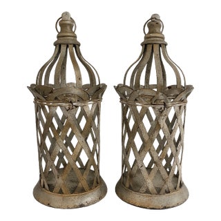 Pair of Distressed Metal Lanterns For Sale