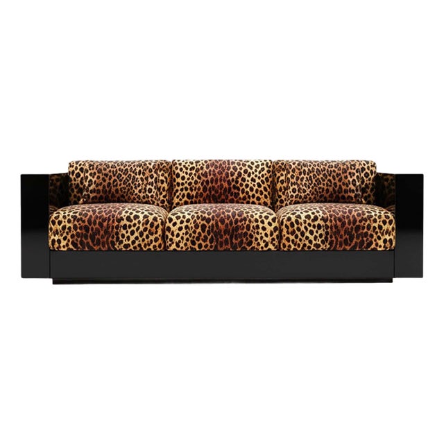 Revolution Sofa in Leopard Velvet and Black Lacquer by Moanne For Sale