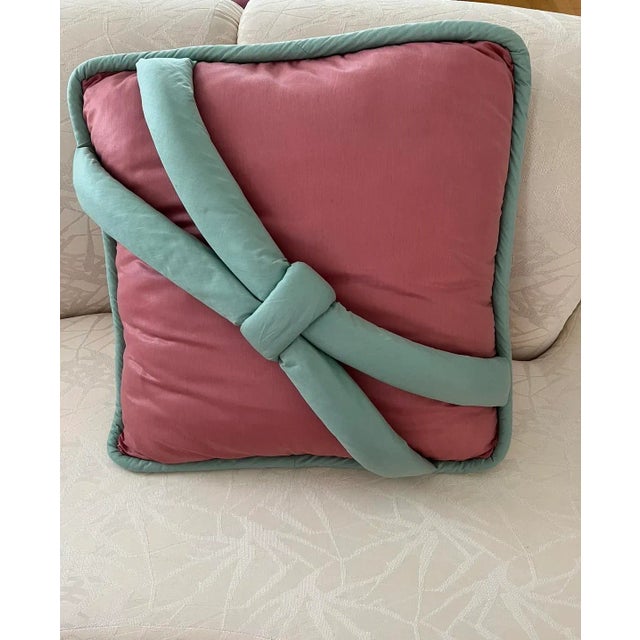 1980s Custom Made Large Pink Teal Ribbon Pillow For Sale In New York - Image 6 of 6