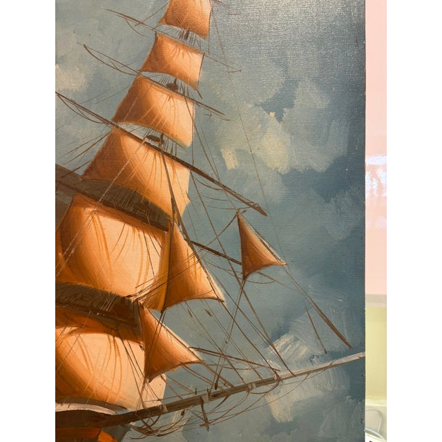 Vintage Coastal Nautical Original & Signed Clipper Ship Sailboat Oil Painting For Sale - Image 13 of 13