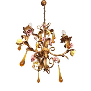 Vintage Venetian Three-Light Chandelier with Murano Glass Drops, 1960s For Sale
