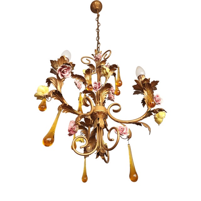 Vintage Venetian Three-Light Chandelier with Murano Glass Drops, 1960s For Sale