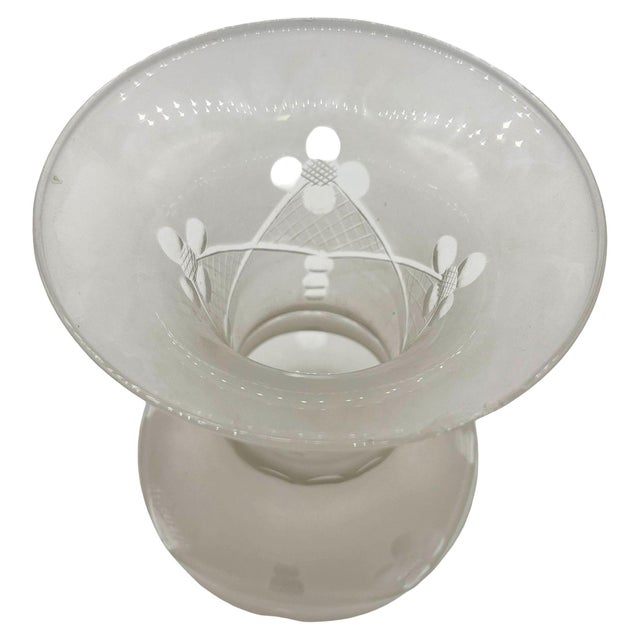 Victorian Early 20th Century Victorian Wheel Cut Frosted Glass Floral Oil Lamp Fluted Hurricane Shade Chipped For Sale - Image 3 of 7