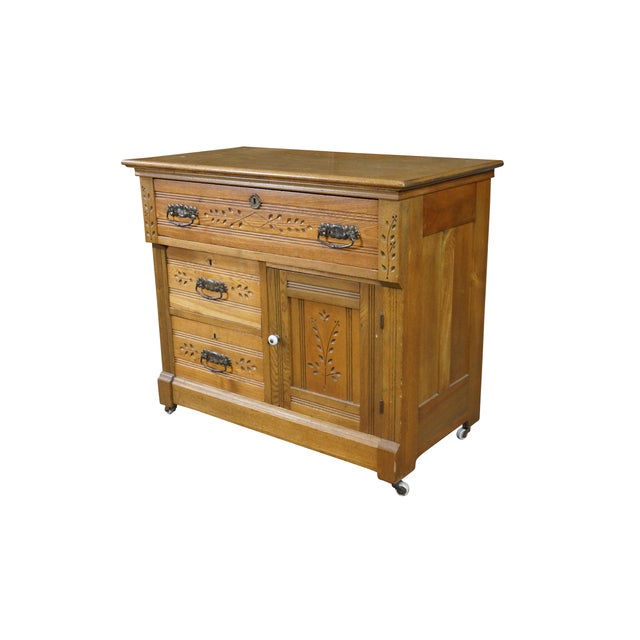Victorian Antique Victorian Era Carved Oak Washstand Cabinet Bedside Chest Console Table For Sale - Image 3 of 12