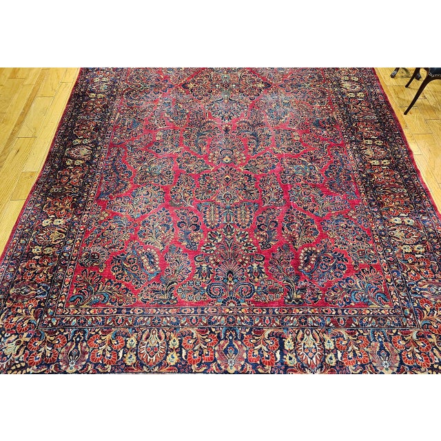 Antique Oversized Persian Sarouk Area Rug, Hand-Knotted Wool, Allover Floral Pattern, 10x18, Red & Navy For Sale - Image 4 of 18