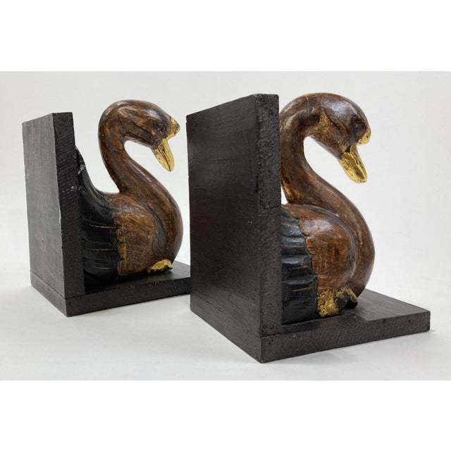Mid 20th Century Vintage Wooden Swan Bookends With Gilt Detail For Sale - Image 5 of 10