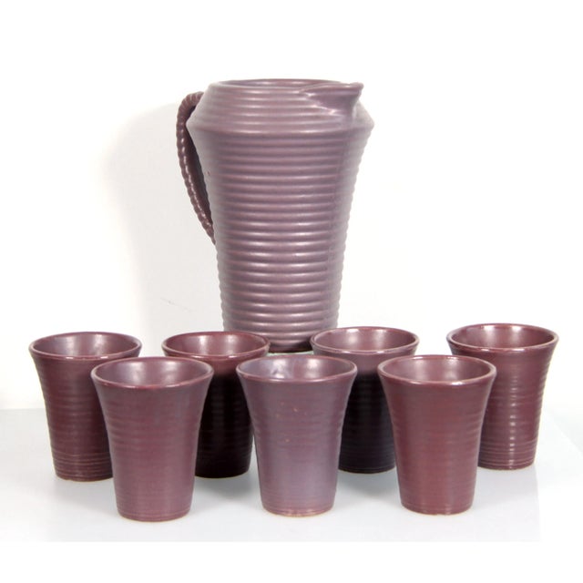 Fabulous vintage c.1930's set of American Arts & Crafts Period stoneware drinking glasses and matching pitcher! Made by...