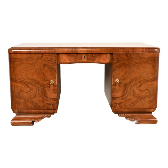 Louis Majorelle Style Antique French Art Deco Burled Walnut Executive Desk | Circa 1930s For Sale