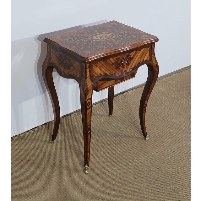 Wood Louis XV Napoleon III Marquetry Worktable, 19th Century For Sale - Image 7 of 18