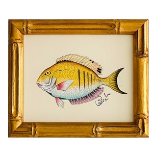 Original Hand-Painted Yellow Colored Fish Painting, Framed For Sale