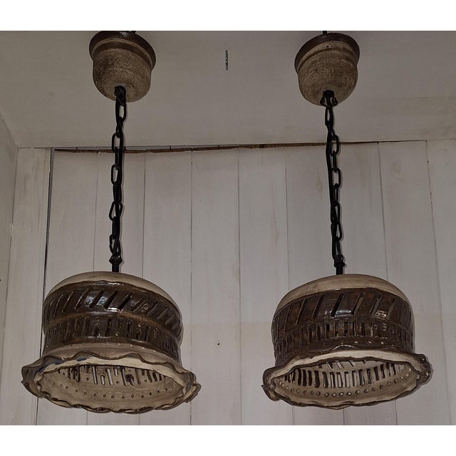 Handmade Rustic Vintage Ceiling Lamps from the 1970s Made of Beige-Brown Ceramic on a Black Iron Chain, Set of 2 For Sale - Image 6 of 9