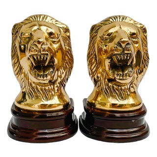 Mid 20th Century Solid Brass Roaring Lion Bookends on Wood Bases - A Pair For Sale